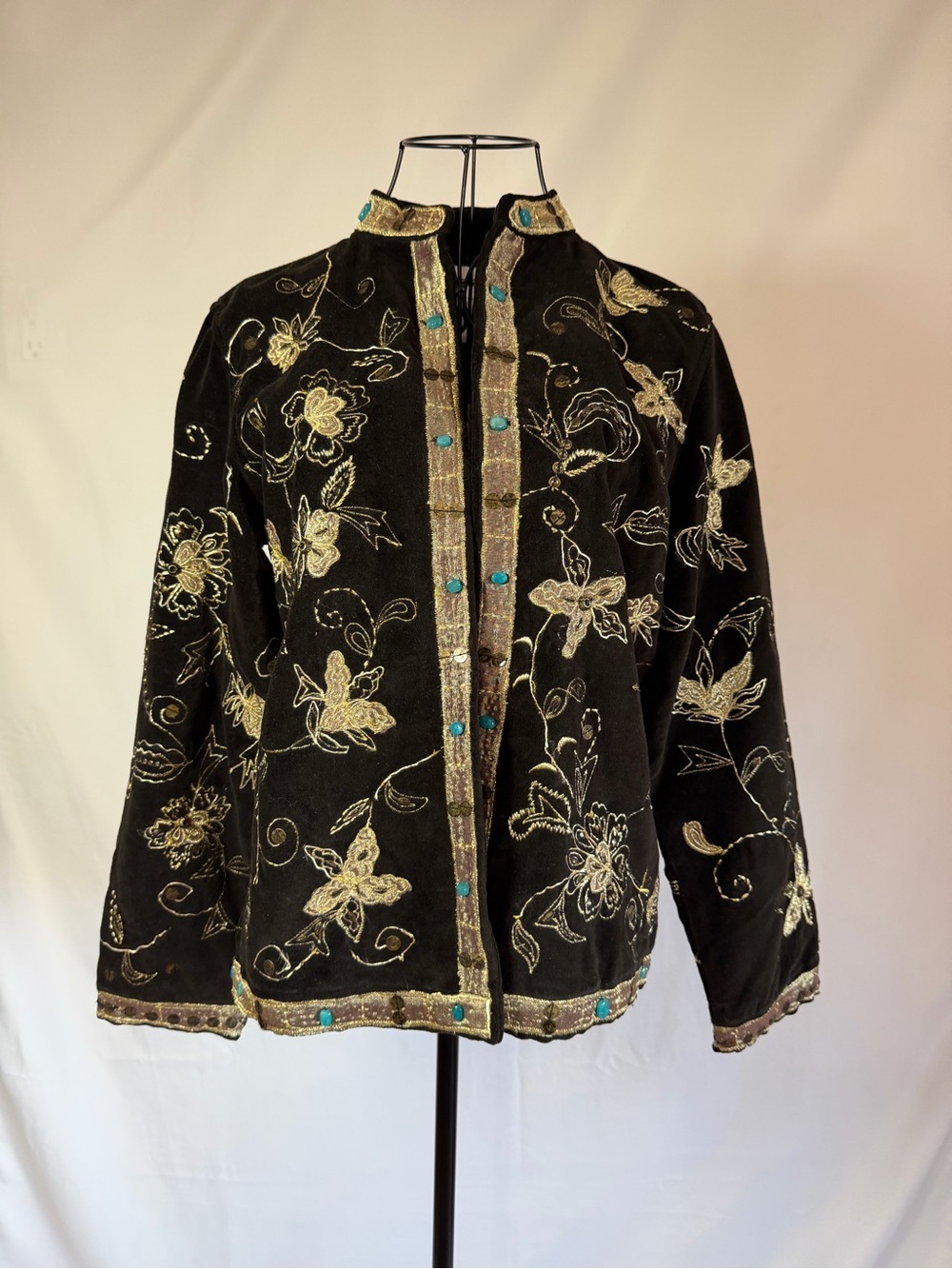 Chico's Black Velvet Jacket with Gold Embroidery and Turquoise Accents